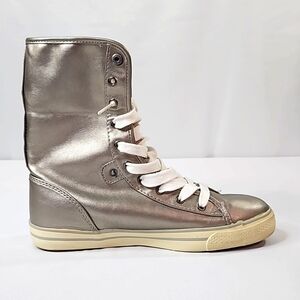 Grey Metallic High Top Leather Sneakers With Faux Fur Lining Size 8